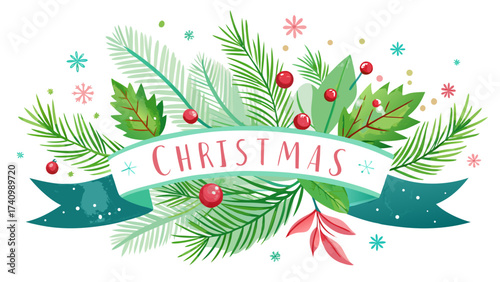 Vector art of watercolor christmas decoration with fir tree branches and berries, perfect for holiday season greeting cards