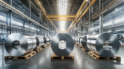 Many large steel coils are stacked neatly in the warehouse, ready for industrial processing and transport.