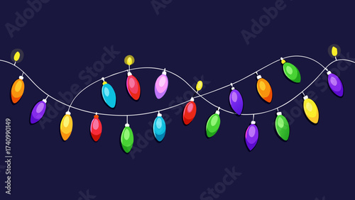 Vector art of a string of colorful christmas lights, creating a festive and inviting atmosphere, perfect for holidaythemed designs and celebrations on dark background