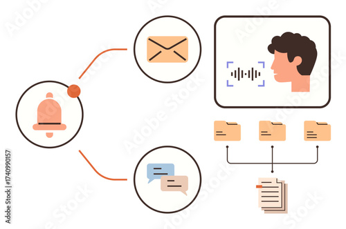 Conversation icons, notification bell, email, voice recognition, categorized folders, and documents. Ideal for communication, automation speech technology workflow data AI organization. Simple