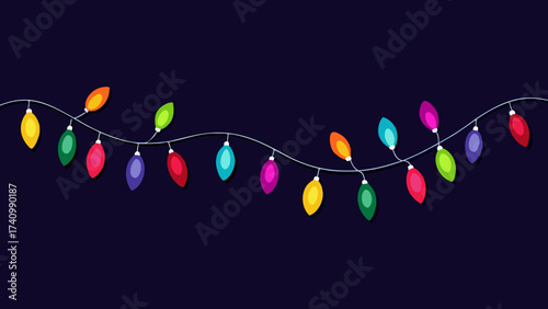 Vector art of festive christmas lights garland, a vibrant decoration for the holiday season, perfect for adding a touch of cheer to cards and invitations