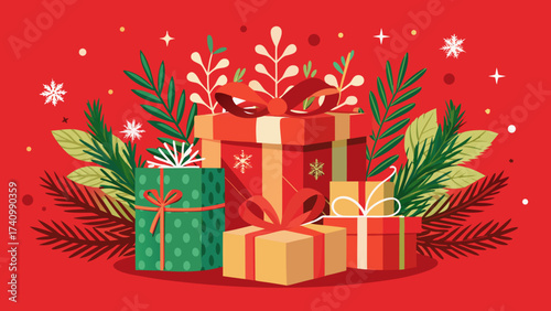 Vector art of festive christmas presents arranged with pine branches and decorative leaves on a red background, creating a cheerful and celebratory holiday scene