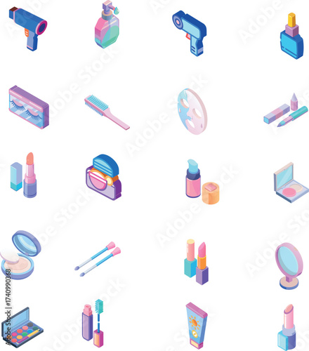  Comprehensive Set of Isometric Icons Representing Beauty, Cosmetics, Makeup, and Personal Care Products
