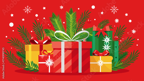 Vector art of a collection of christmas presents with fir branches on a vibrant red backdrop, evoking the spirit of the holiday season and giftgiving