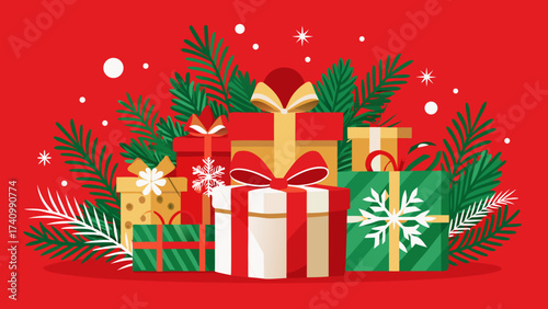 Vector art of an array of christmas presents with fir branches on a red background, capturing the essence of holiday cheer and the joy of giving