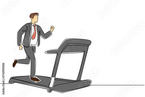 Continuous one line drawing man in suit running on treadmill with heart impulse. Healthy morning before work. National Employee Health and Fitness Day. Single line draw design vector illustration
