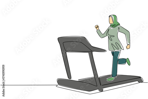 Single one line drawing Arab woman in hijab running on treadmill with heart impulse. Busy. Exercise. Stay healthy. National Employee Health and Fitness Day. Continuous line design graphic illustration