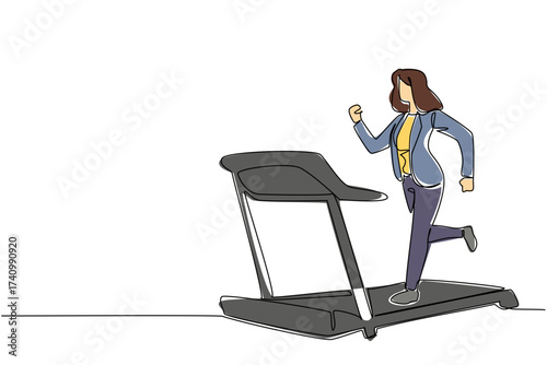 Single continuous line drawing woman in blazer running on treadmill with heart impulse. Exercise before busy working. National Employee Health and Fitness Day. One line design vector illustration