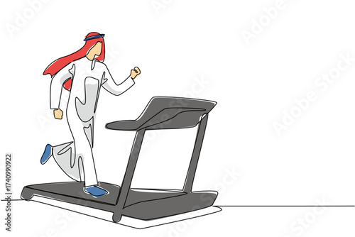 Continuous one line drawing turbaned arab man running on treadmill with heart impulse. Maintain health. Sport. National Employee Health and Fitness Day. Single line draw design vector illustration