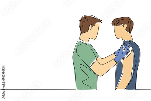 Single continuous line drawing male doctor is injecting a male patient. Giving the first vaccine. Dangerous corona virus. Live healthier. National Safety Dose Day. One line design vector illustration