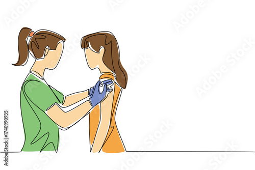 Single one line drawing female doctor giving injection to female patient. Vitamin C injection. Prevent influenza. Healthy living. National Safety Dose Day. Continuous line design graphic illustration