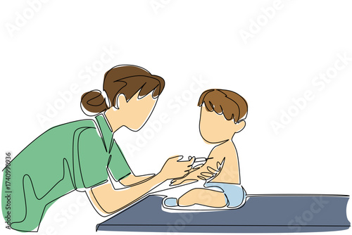 Single continuous line drawing female doctor is giving an injection to sitting baby girl. Efforts to prevent tuberculosis. Healthy living. National Safety Dose Day. One line design vector illustration