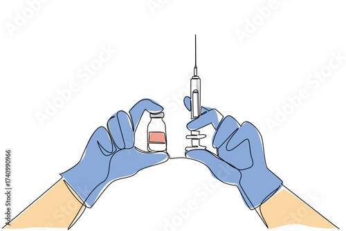 Single continuous line drawing 2 blue gloved hands each holding a syringe and a vaccine bottle. Vaccines for immunity. Anti infection. National Safety Dose Day. One line design vector illustration