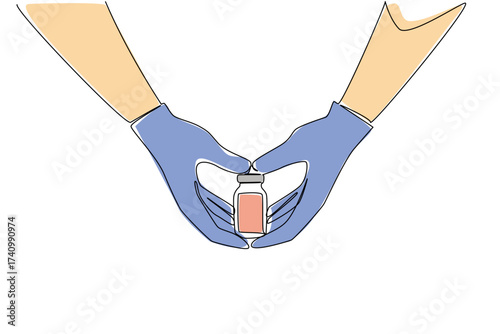 Single one line drawing 2 hands forming a heart while holding vaccine bottle. Inject the vaccine according to the dosage. Health. National Safety Dose Day. Continuous line design graphic illustration