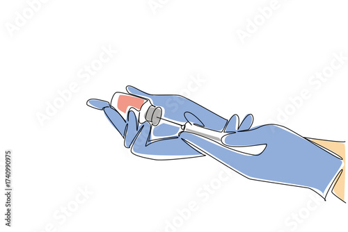 Continuous one line drawing blue gloved hand filling a syringe from a vaccine vial. Measuring the best dose. Curing viruses. National Safety Dose Day. Single line draw design vector illustration