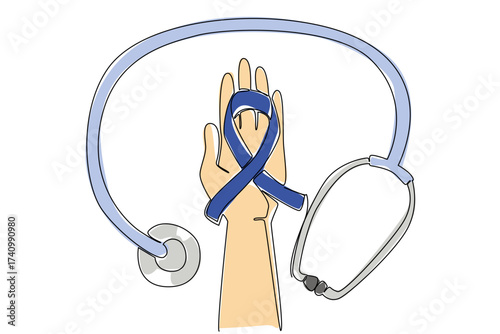 Continuous one line drawing stethoscope wrapped around hand with blue band on palm. Doctors advise to increase awareness. National Tuberous Sclerosis Day. Single line draw design vector illustration