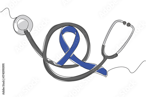 Single continuous line drawing stethoscope with coiled cable and in the middle is a blue campaign ribbon. Care about preventing. National Tuberous Sclerosis Day. One line design vector illustration