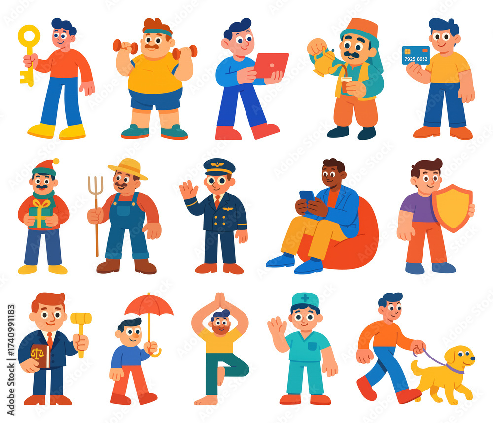 Fototapeta premium PNG Colorful cartoon character professions, element set on transparent background