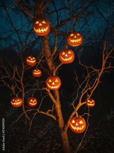 Glowing Jack-o'-Lantern Pumpkins Hanging on a Spooky Bare Tree at Dusk in Halloween Night, Outdoor Autumn Decoration, Creepy Holiday Atmosphere