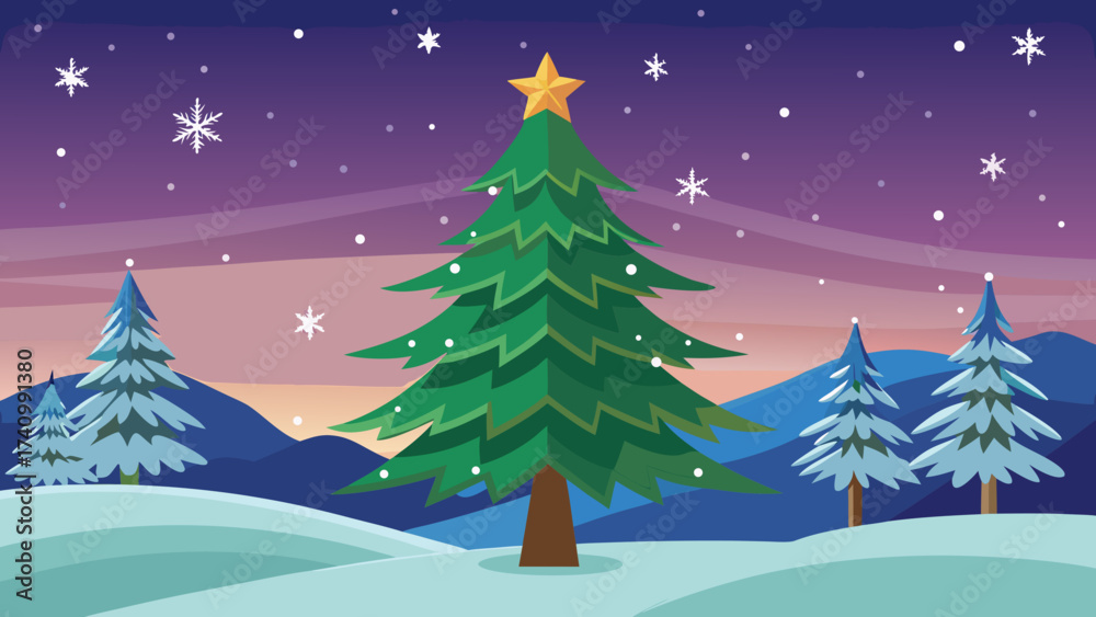 Naklejka premium Vector art of christmas tree in winter night, a magical scene with snowcovered landscape and starry sky, ideal for holiday greetings and backgrounds