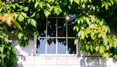 Window with Green Leaves Framing a Sunny Summer Day