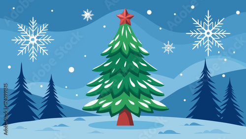 Vector art of a festive winter scene showcasing a beautifully decorated christmas tree, surrounded by snowflakes and snowcovered pine trees in a serene landscape