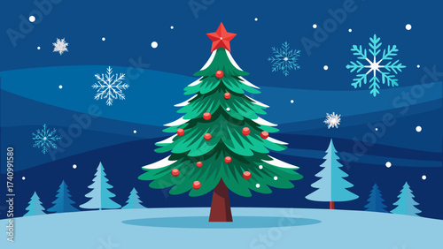 Vector art of a festive christmas scene with a decorated tree, snowflakes falling, and a serene winter landscape, creating a joyful holiday atmosphere