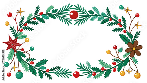 Vector art of christmas wreath with stars, made of fir branches, holly, berries, and ornaments for festive designs