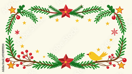 Vector art of festive christmas frame with fir branches, stars, berries, and a bird, creating a cheerful and decorative border for holiday greetings and designs