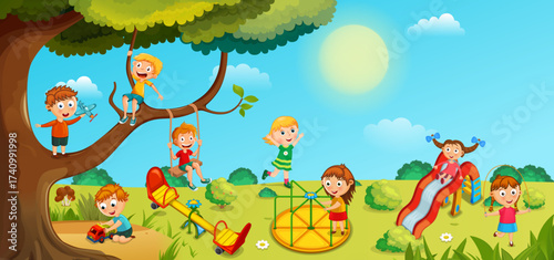 Kids playing together in a sunny park with swings, slide, seesaw, and trees in a cheerful atmosphere. Vector illustration