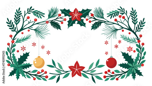 Vector art of christmas frame with festive decorations holiday border with pine branches, holly leaves, berries, and ornaments