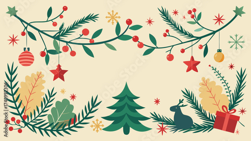 Vector art of cheerful christmas frame featuring ornaments, stars, and a reindeer, perfect for adding a festive touch to holiday cards and seasonal promotions