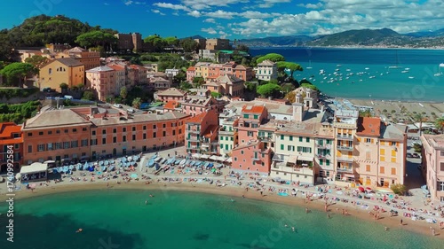 Aerial view of the picturesque resort town of Sestri Levante in Liguria, Italy