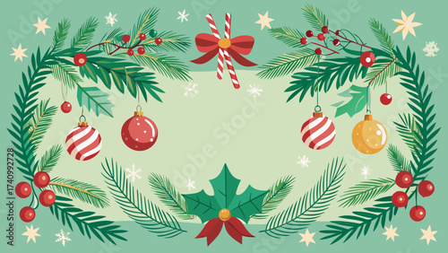Vector art of charming christmas frame with candy canes, ornaments, and pine branches, creating a whimsical and festive border for holiday cheer