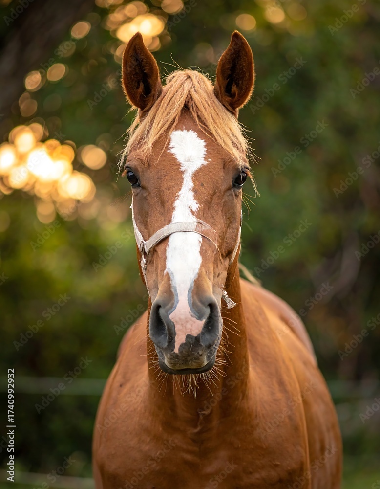 Fototapeta premium Chestnut Horse Portrait - A Focused Gaze in Natural Light.
