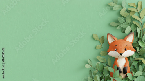 Cute fox figurine surrounded by green leaves on soft background, creating playful and cheerful atmosphere