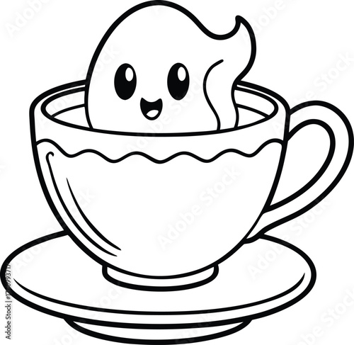 Adorable kawaii ghost character peeking out of a teacup on a saucer for halloween or spooky themed designs