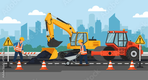 A construction crew with an excavator and a road roller works in unison to pave a new street against a stylized city skyline.