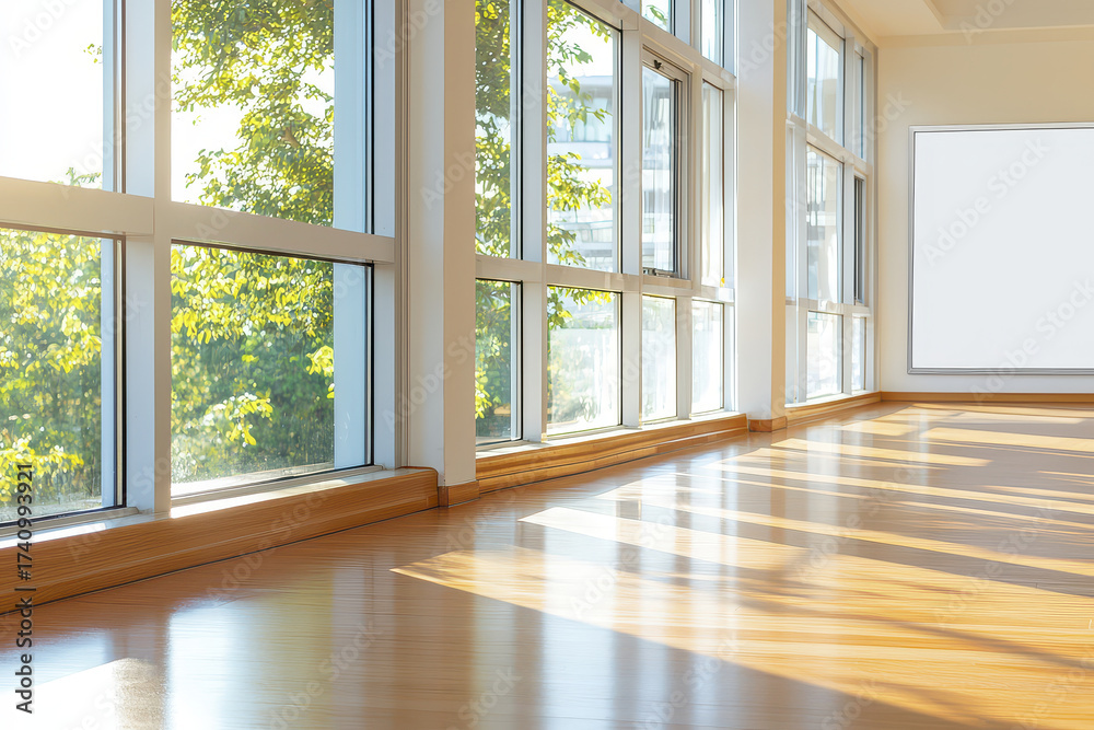 Fototapeta premium Bright hallway with large windows allowing sunlight to illuminate wooden floor, creating warm and inviting atmosphere