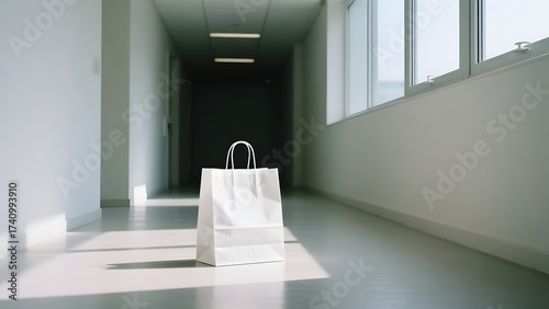 Empty hallway with white paper bag