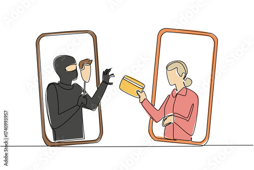 Single continuous line drawing grandma out of her smartphone and hands her credit card to a masked thief. Duplication. Fake. National Senior Fraud Awareness Day. One line design vector illustration