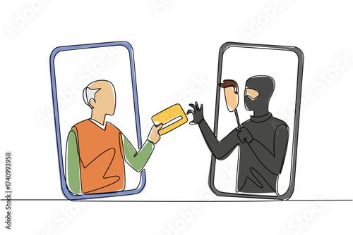 Single one line drawing grandpa out of his smartphone and hands his credit card to a masked thief. Camouflage. Crime. National Senior Fraud Awareness Day. Continuous line design graphic illustration