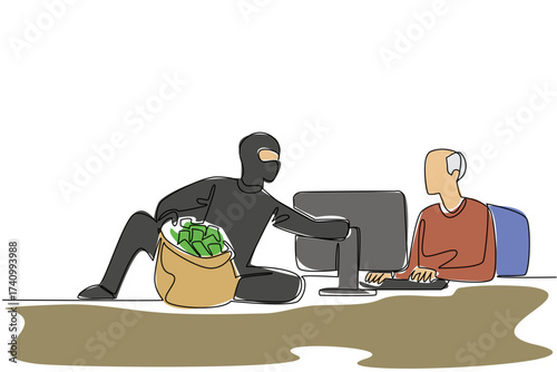 Single one line drawing a grandfather typing and a thief taking banknotes. Cyber attack. Draining financial accounts. National Senior Fraud Awareness Day. Continuous line design graphic illustration