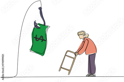 Continuous one line drawing grandma chasing a hook with a dollar bill attached to it. Tempted by fake investments. National Senior Fraud Awareness Day. Single line draw design vector illustration