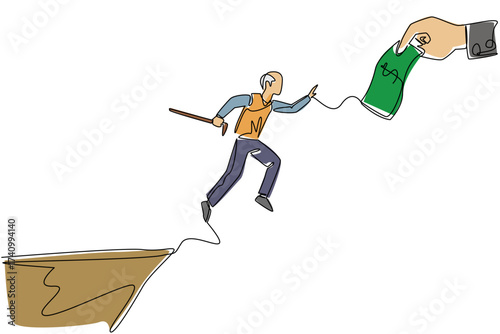 Single continuous line drawing grandpa jumps off cliff try to reach big hand holding banknotes. Entangled in loan shark debt. National Senior Fraud Awareness Day. One line design vector illustration