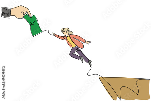 Continuous one line drawing grandma jumps off cliff trying to reach the big hand holding banknotes. Bogus investment. National Senior Fraud Awareness Day. Single line draw design vector illustration