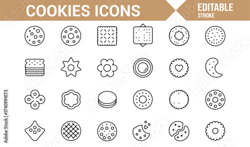 Outline bakery cookie and biscuit symbols set for dessert and snack themes