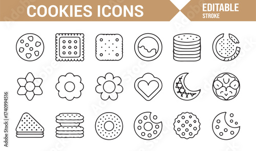 Editable stroke cookie and biscuit outline icons collection for confectionery design
