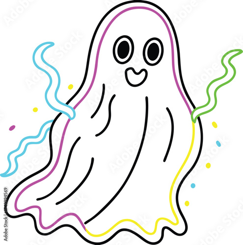 A cute and friendly cartoon ghost with a happy face and colorful glowing outlines and wavy streamers
