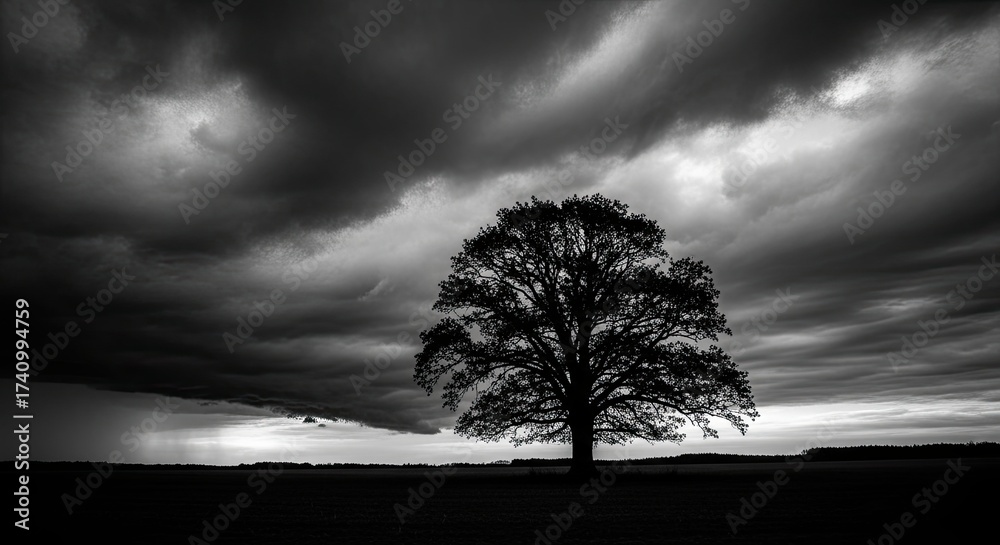Obraz premium Lone tree silhouette against dramatic stormy sky
